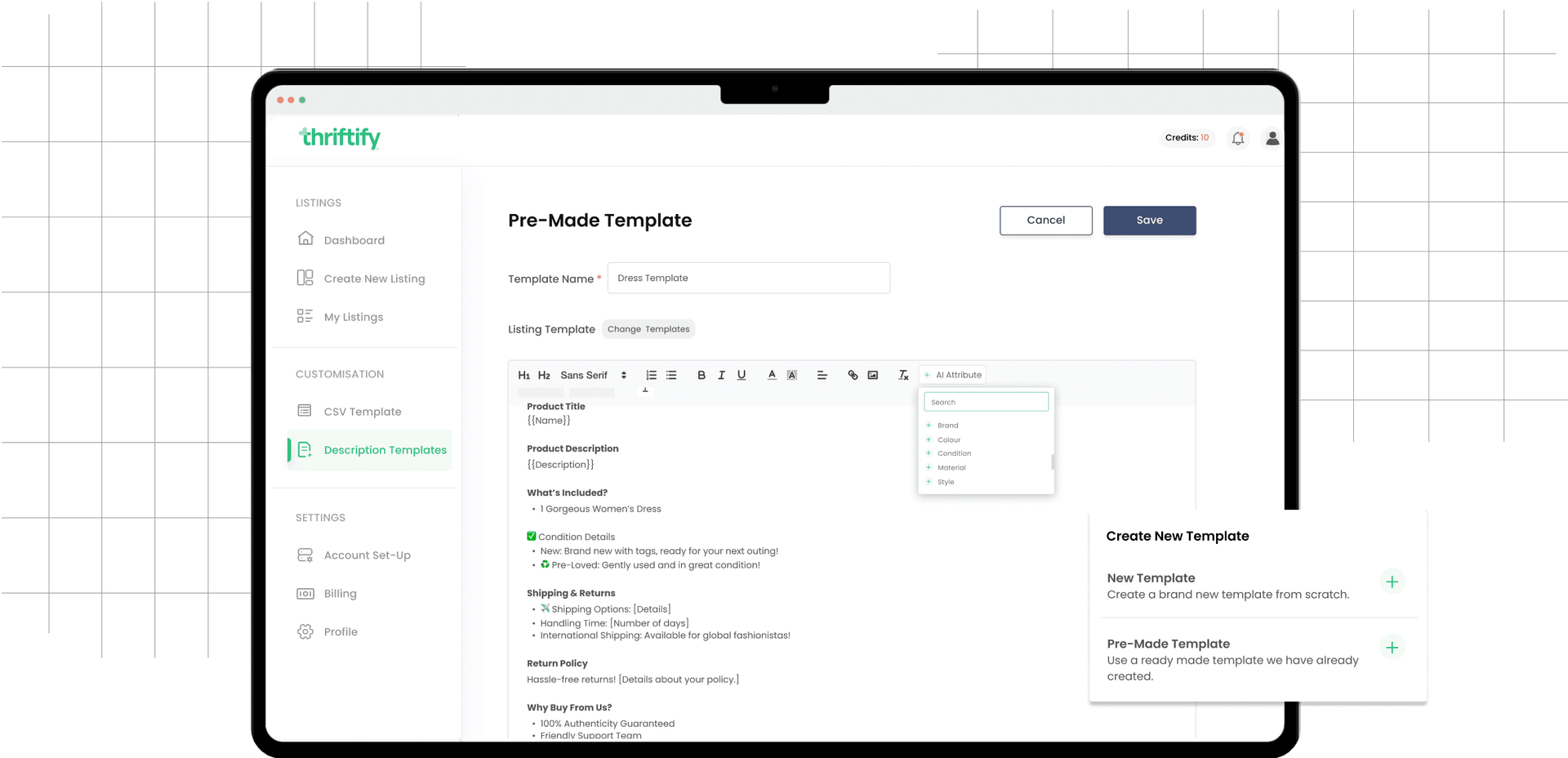 Brand customization template interface showing thriftify platform