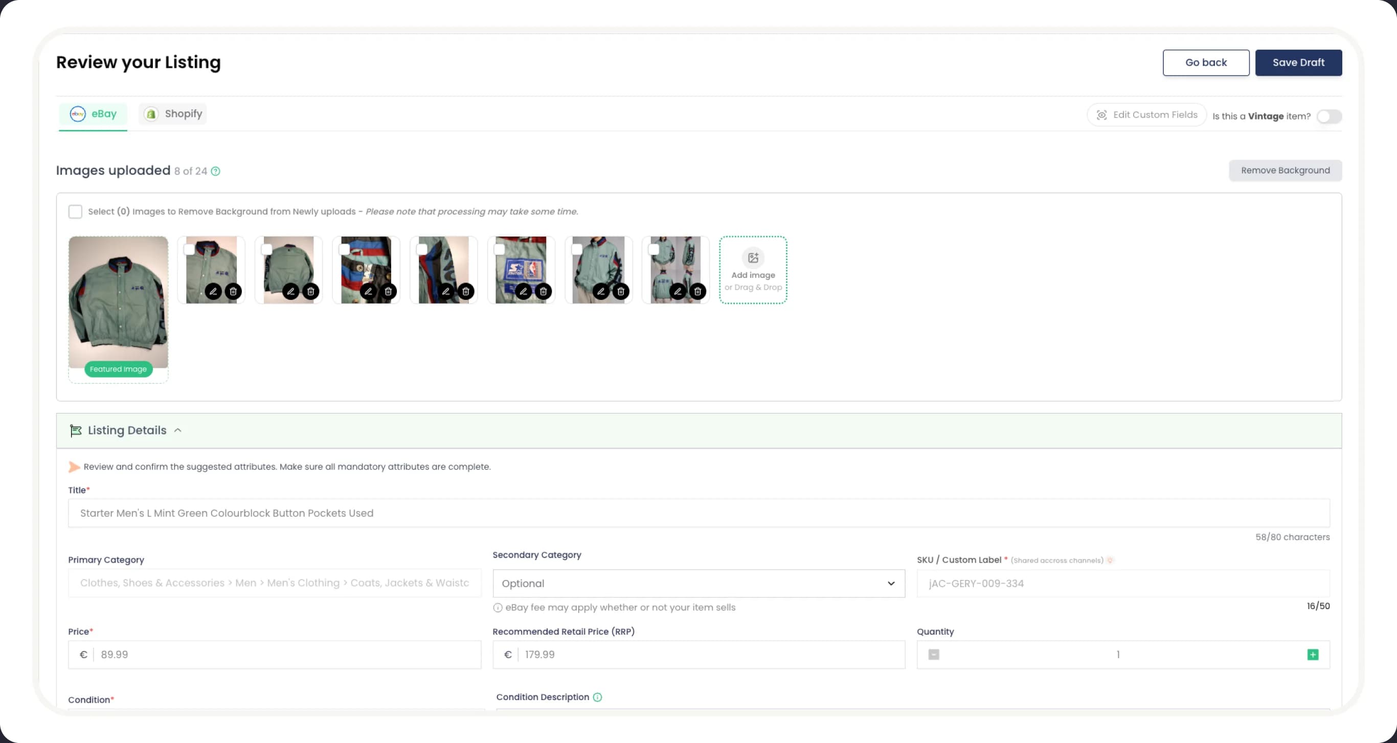 Thriftify listing editor showing AI-generated title, description, and item specifics from product photos
