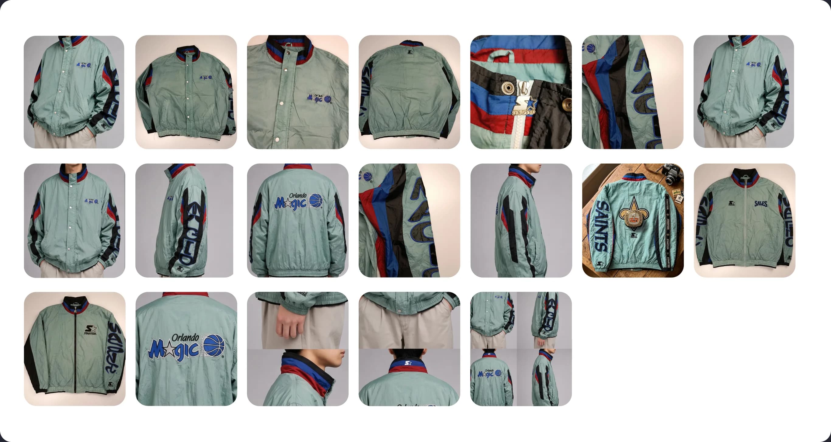 Grid of vintage jacket photos before AI listing creation in Thriftify