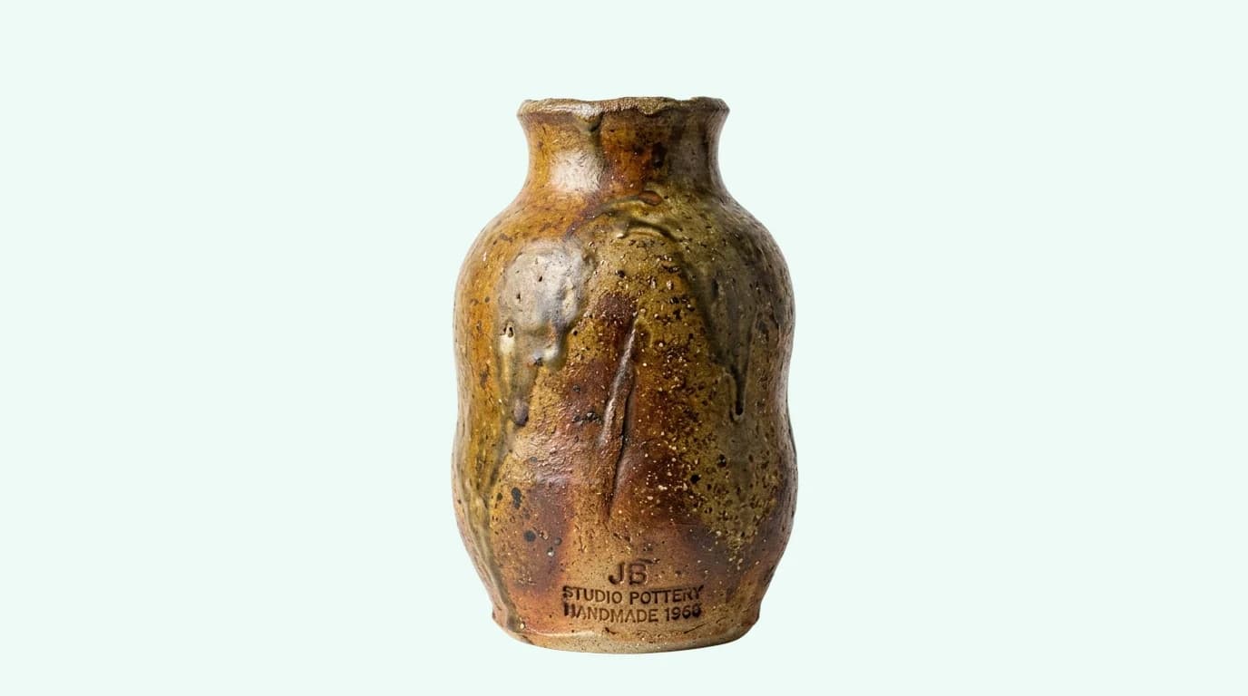 Front view of a mid-century studio pottery stoneware vase