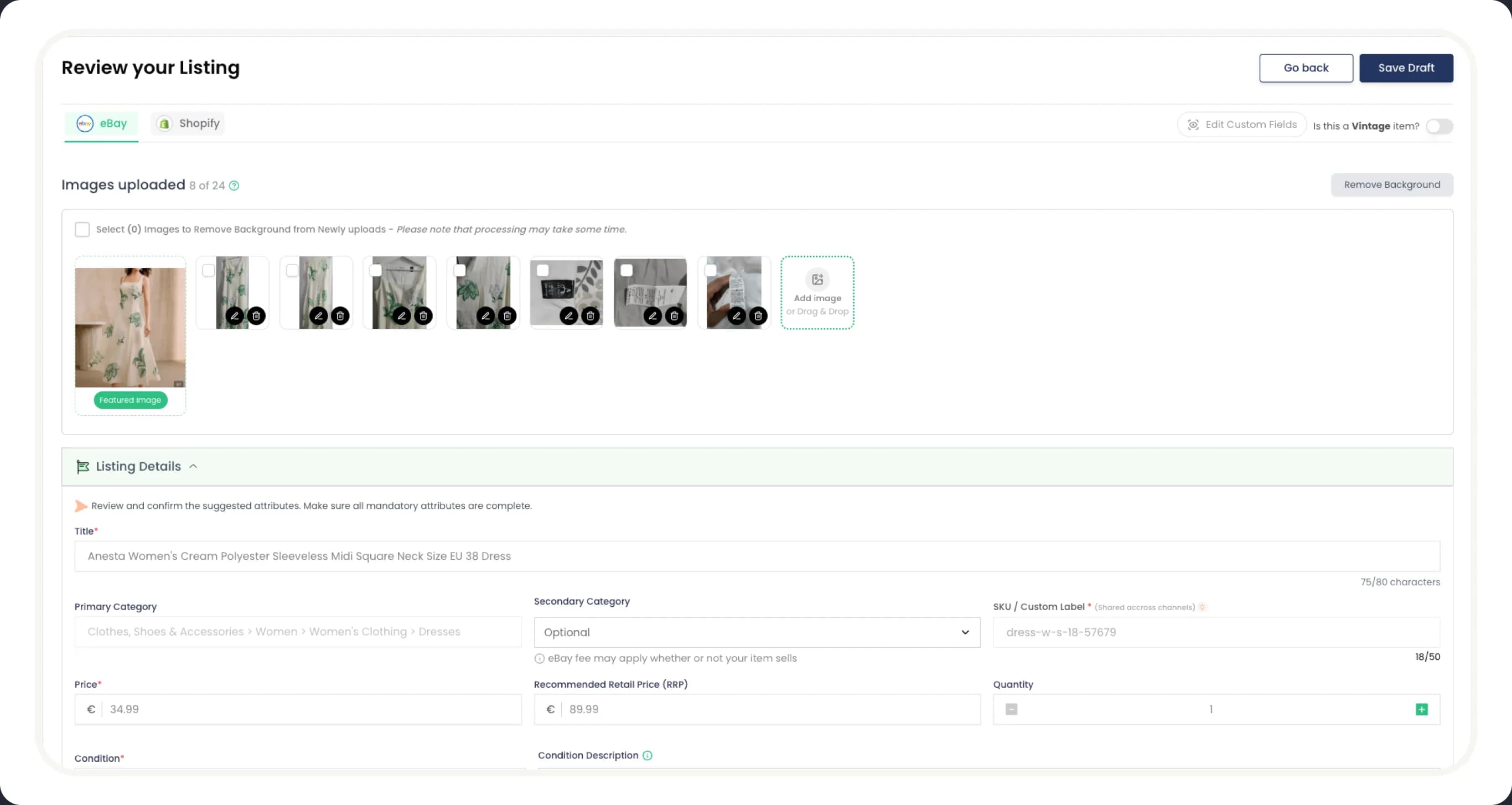 Thriftify review screen showing AI-generated pricing, title, and listing details for a floral dress