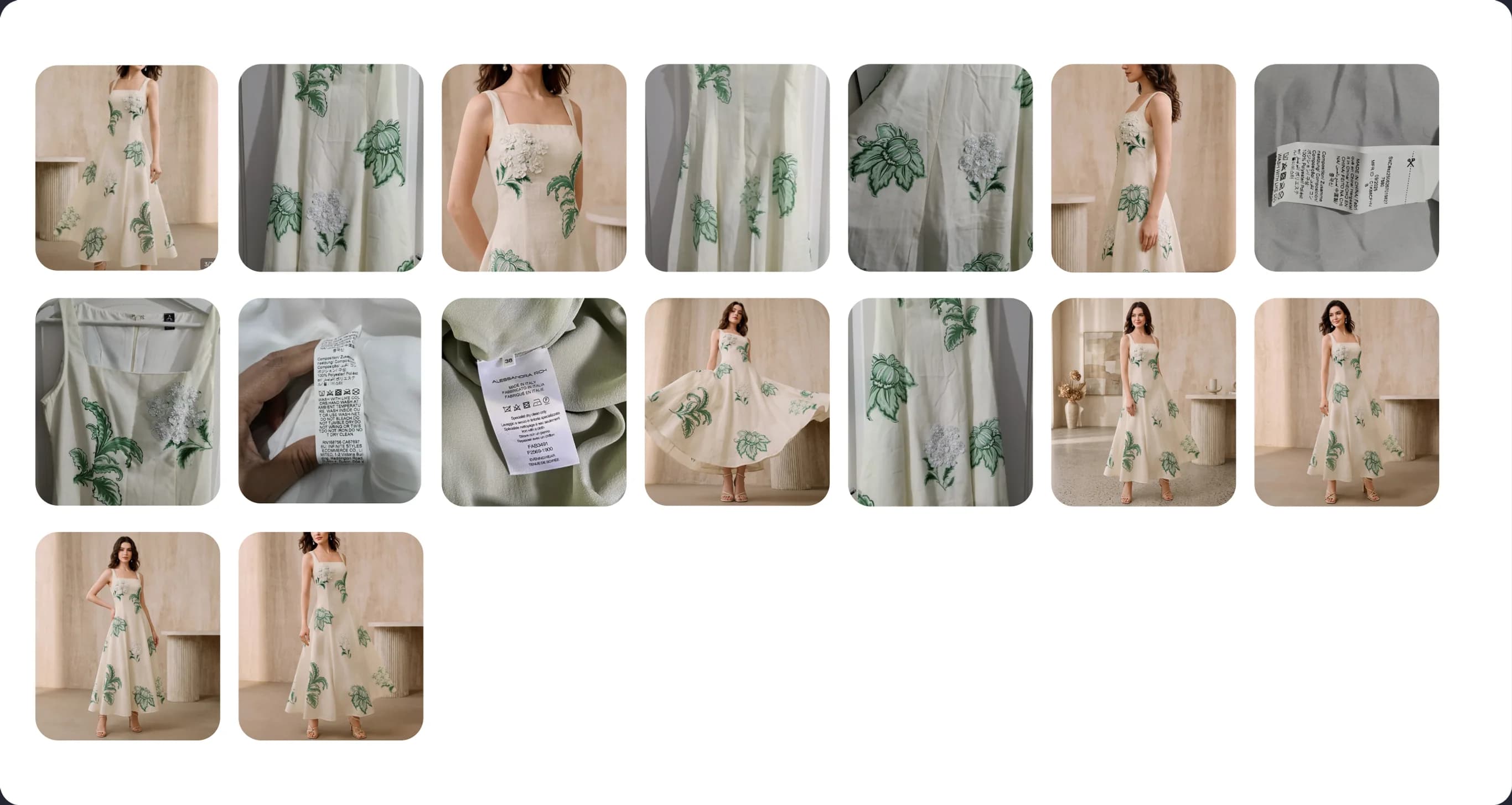 Grid of floral dress photos before AI pricing and listing in Thriftify