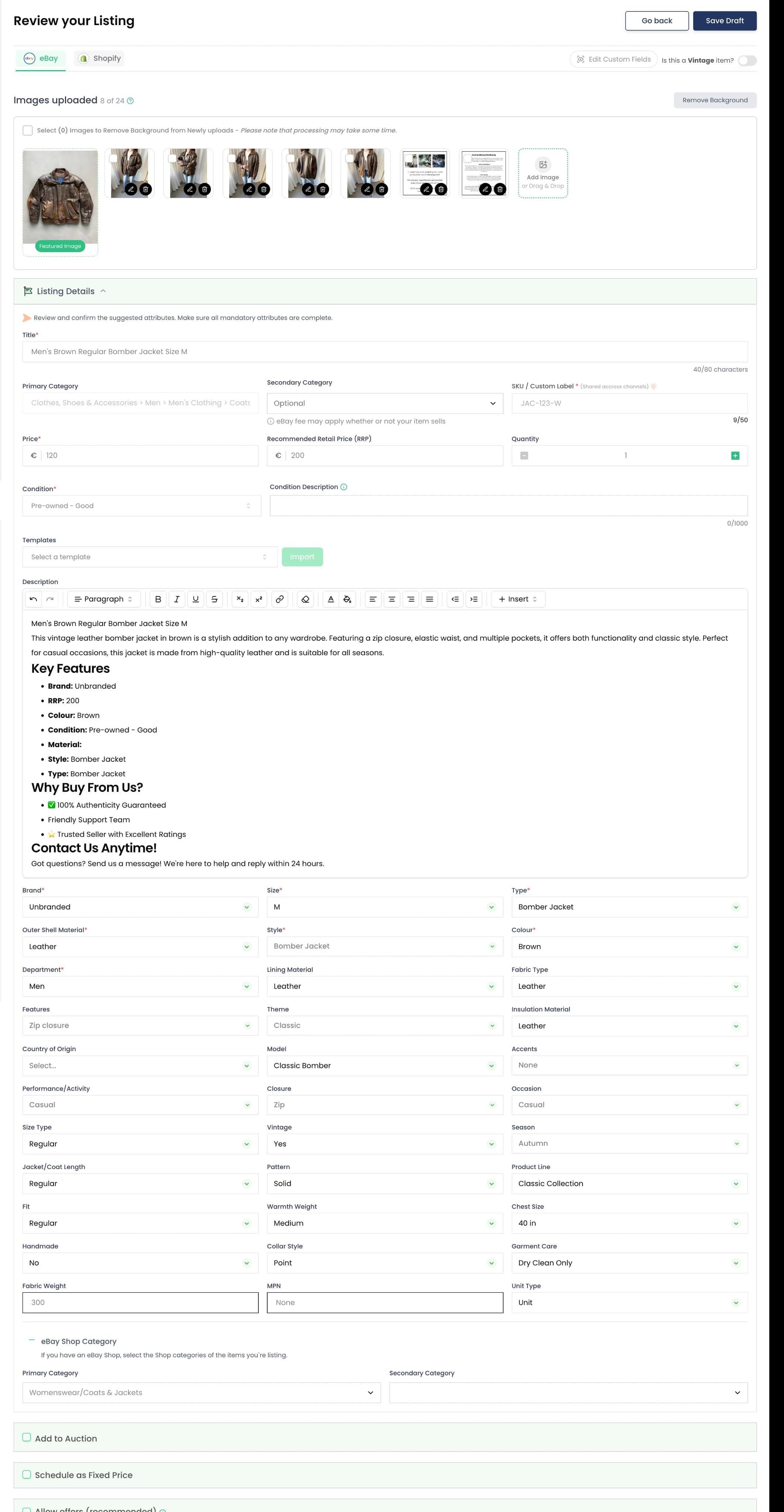 AI listing creation flow on laptop