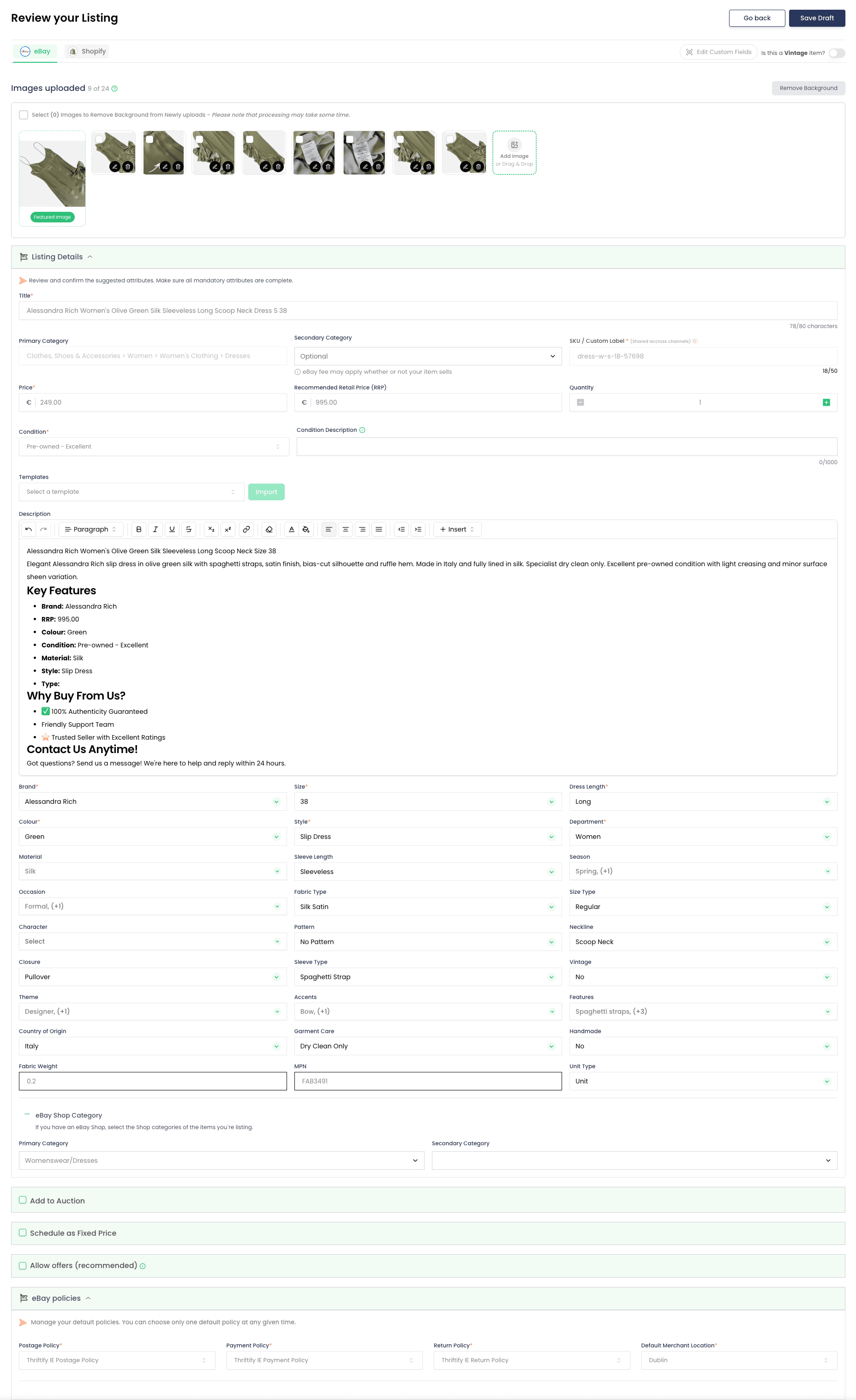 Thriftify listing review screen with AI-generated title, category, pricing, and condition fields