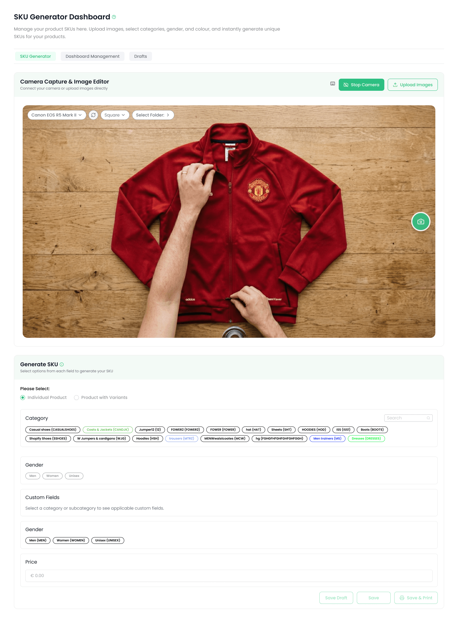 Thriftify SKU Generator dashboard with camera capture and image editor for fast item intake