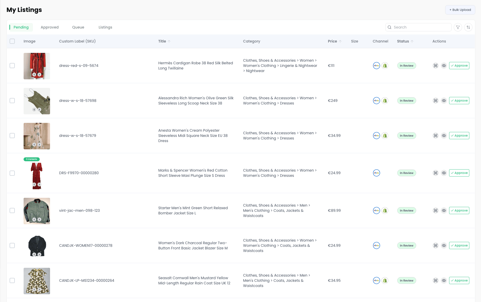 Thriftify My Listings table showing items cross-listed to multiple channels with status and approval controls
