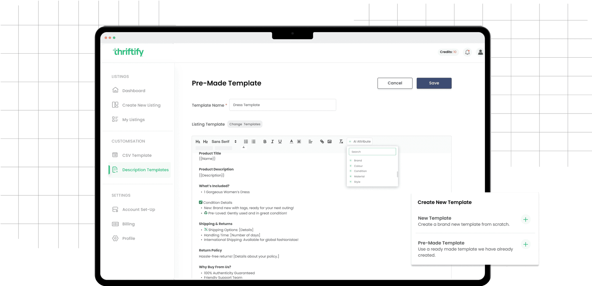 Brand customization template interface showing thriftify platform