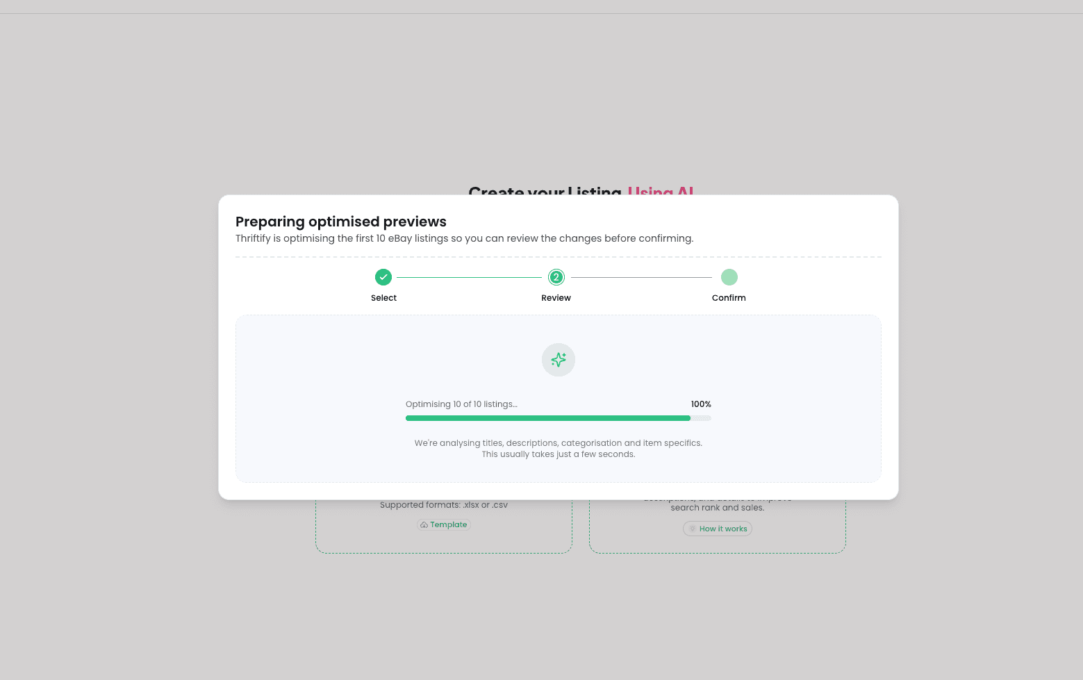 Imported catalogue of existing listings ready for bulk optimisation in Thriftify