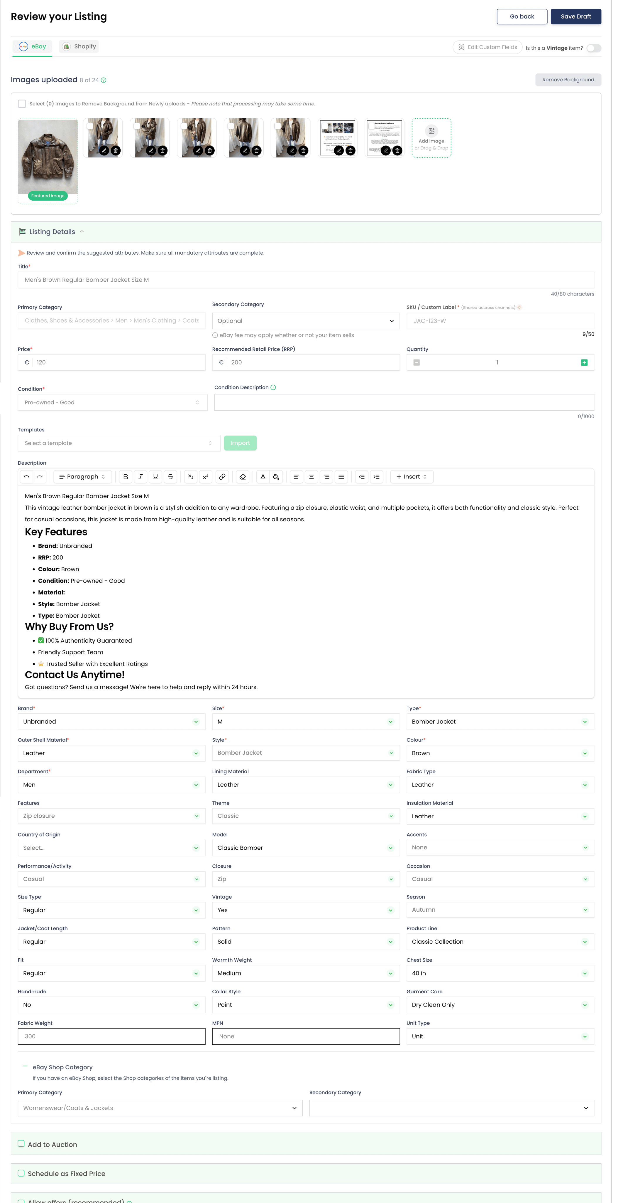 Thriftify listing editor turning item photos into a publish-ready eBay and Shopify listing