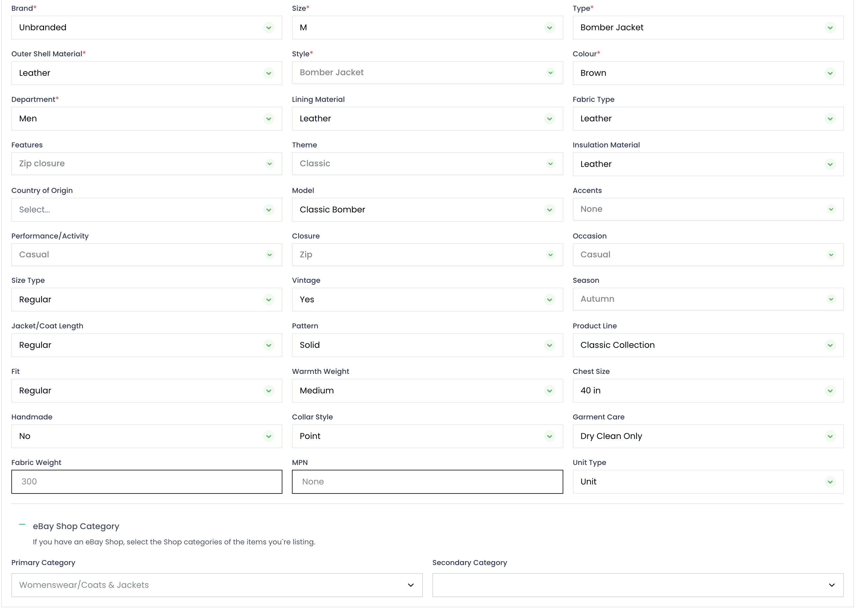 eBay item specifics grid with brand, size, material and condition filled in automatically