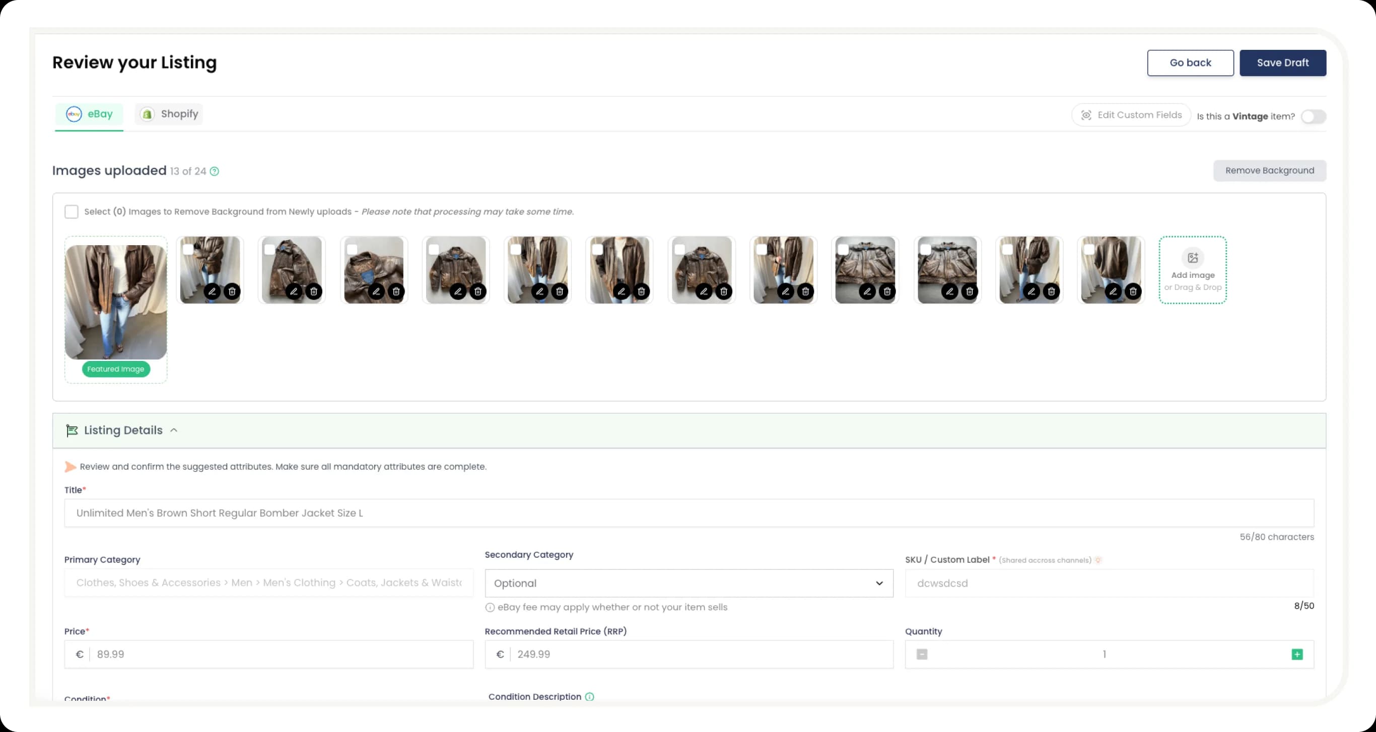 Thriftify listing interface with AI-generated title, description, and item specifics for a vintage clothing item
