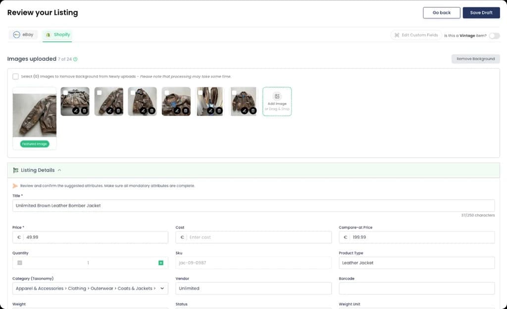Thriftify review screen on Shopify showing the same jacket with backgrounds removed and optimised listing details