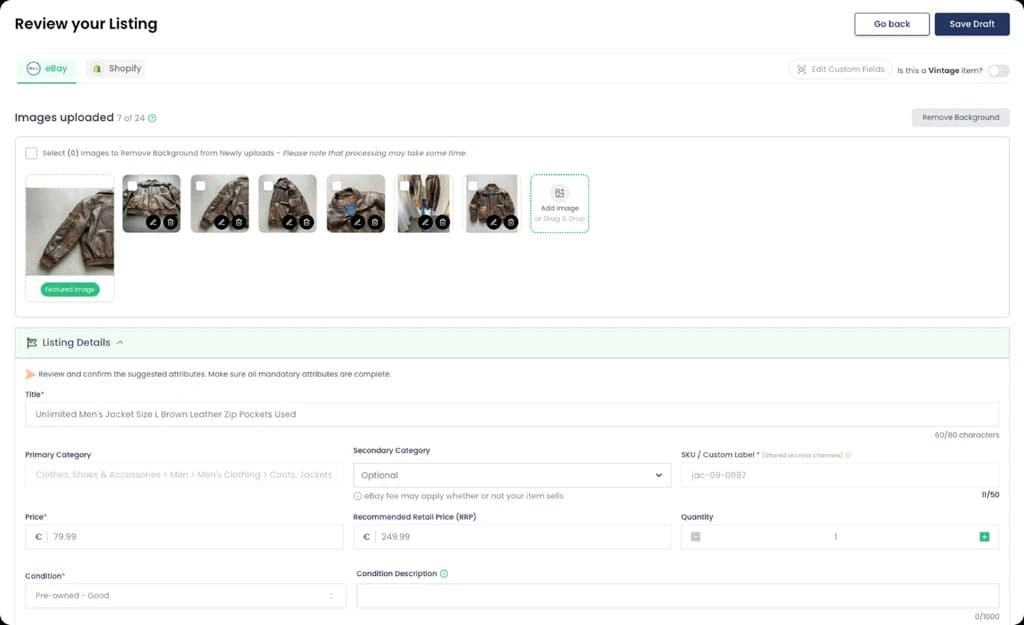Thriftify review screen on eBay showing a leather jacket listing with original photo backgrounds