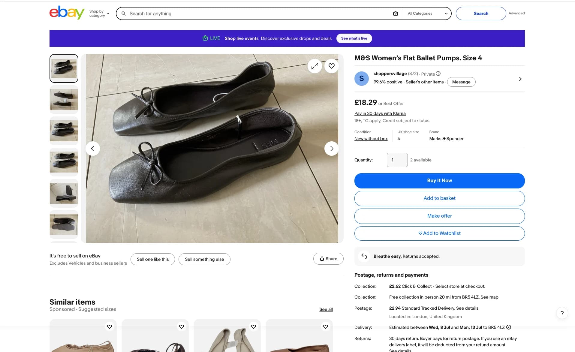 Original designer footwear listing screenshot before optimisation.