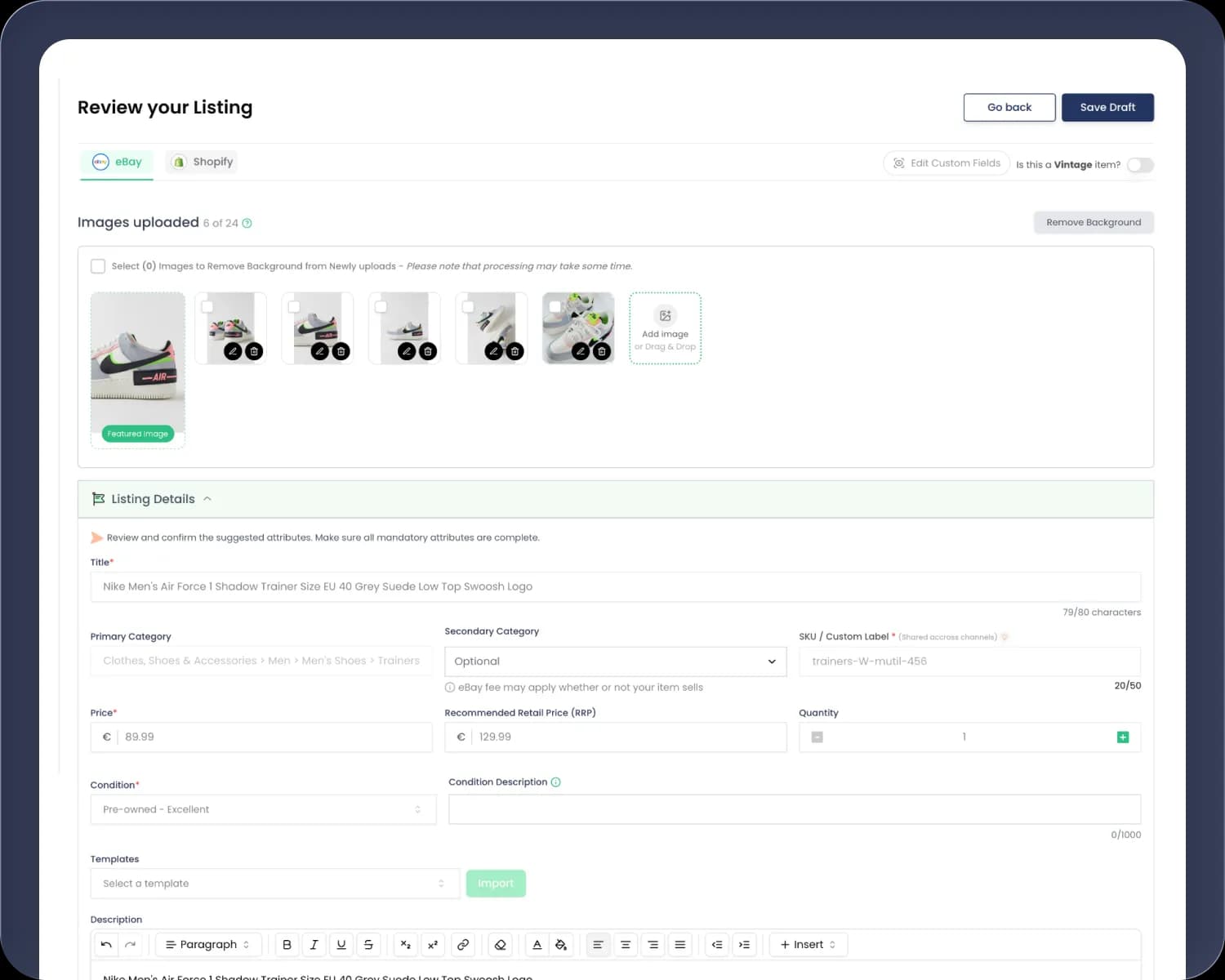 AI listing flow turning a donated item photo into a publish-ready listing
