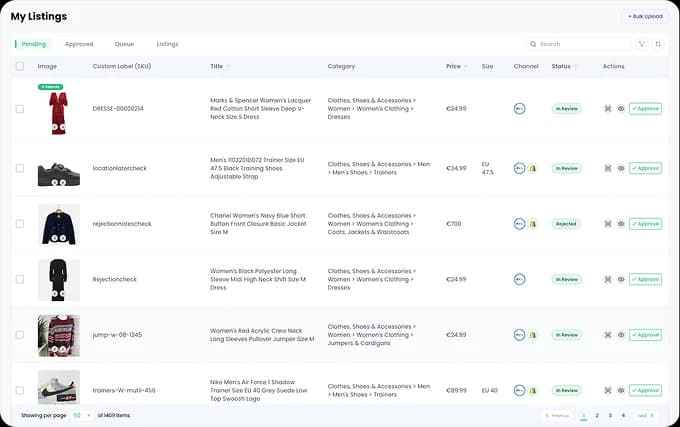 My Listings dashboard showing items pending review across multiple channels