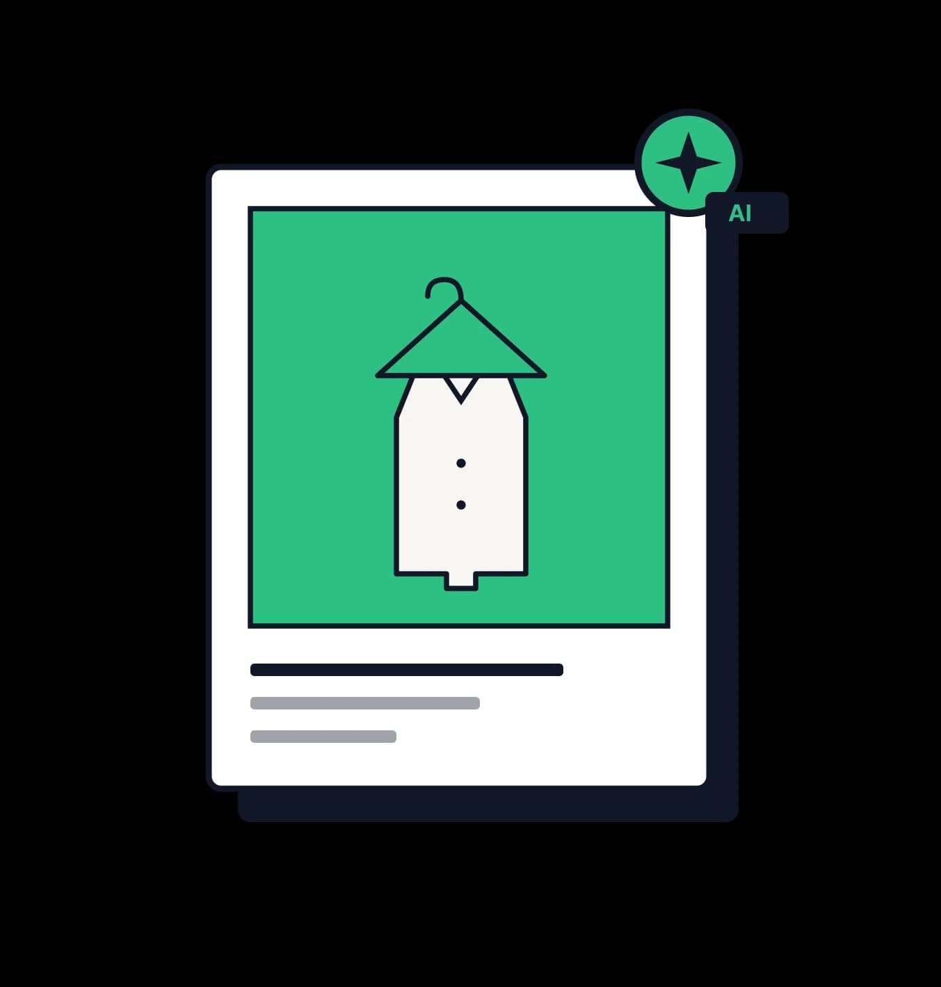 Illustration of an AI-assisted product photography listing card for a garment on a hanger