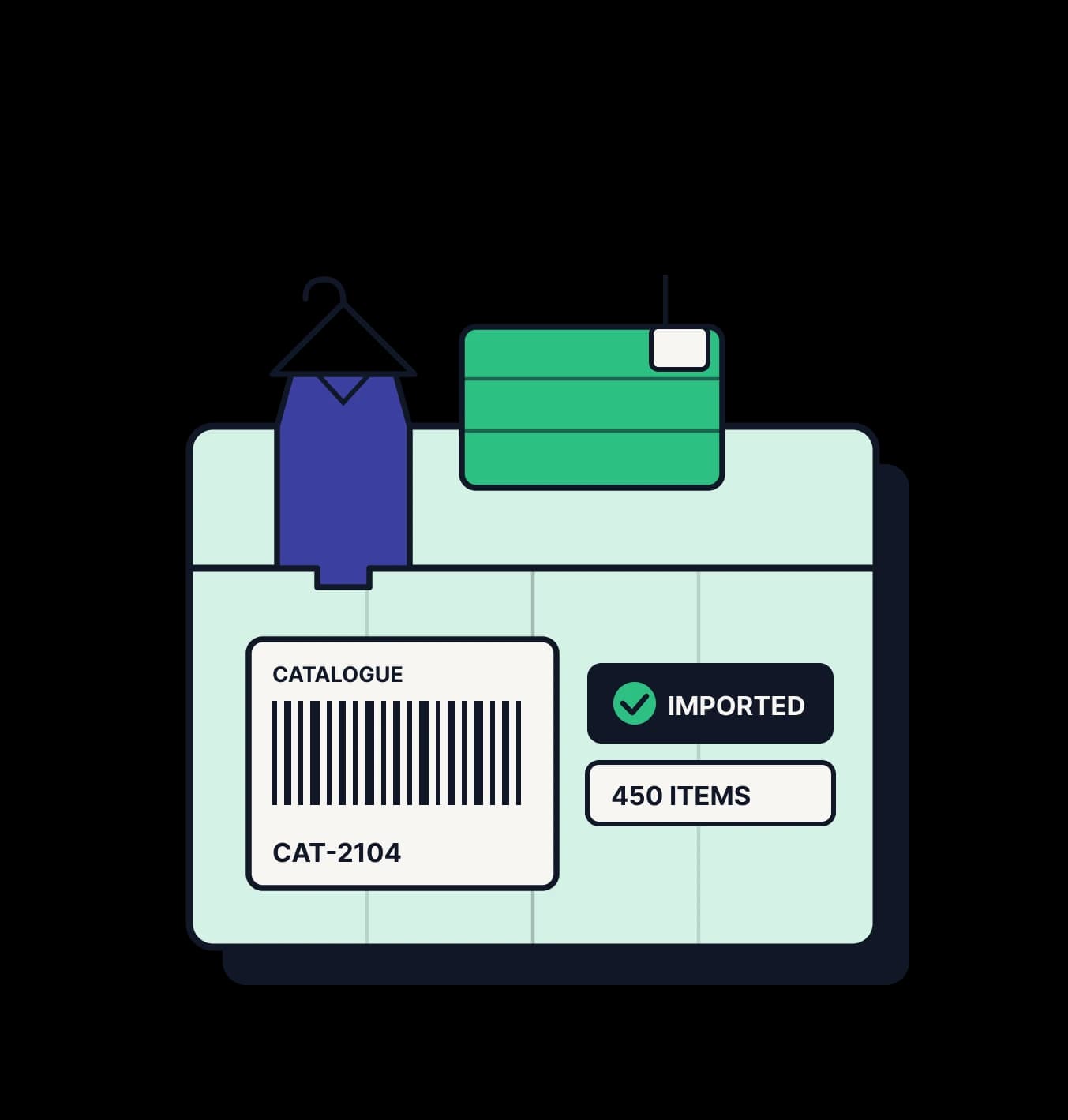 Illustration of an imported catalogue record with barcode CAT-2104 covering 450 items