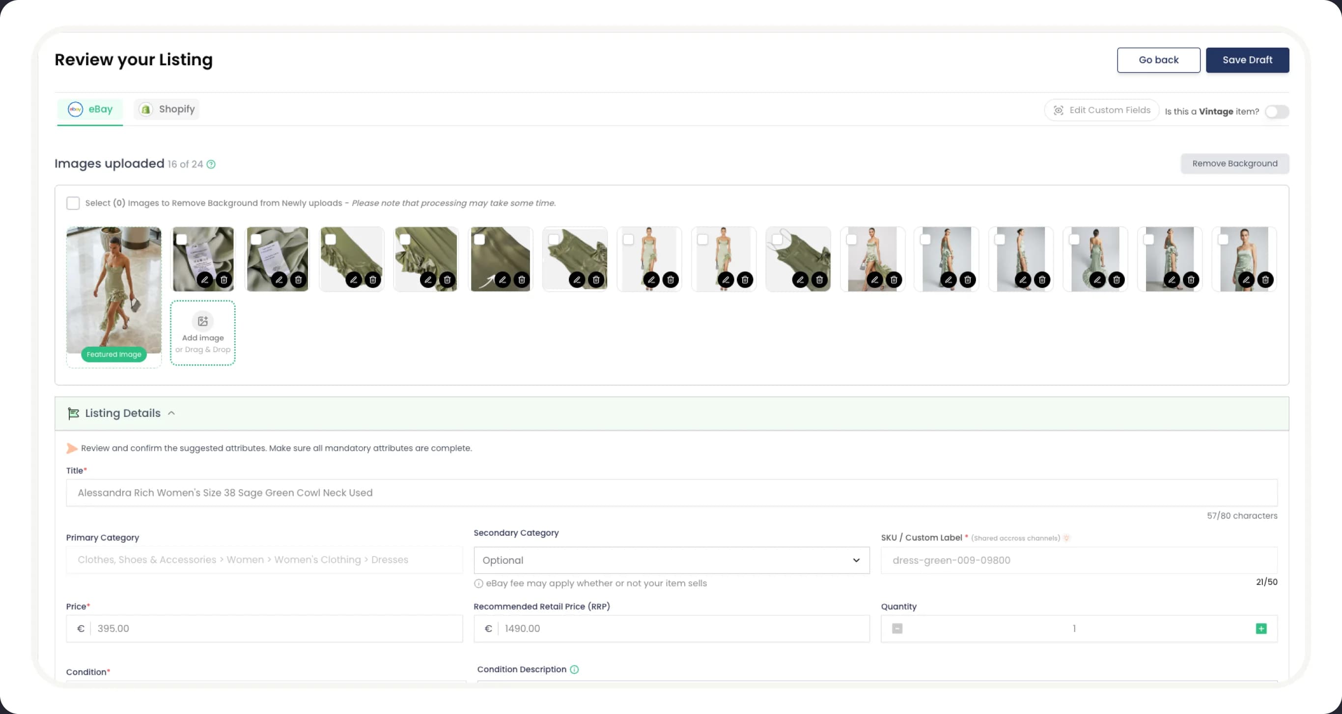 Thriftify review screen showing auto-generated SKU, barcode, and listing details for a product