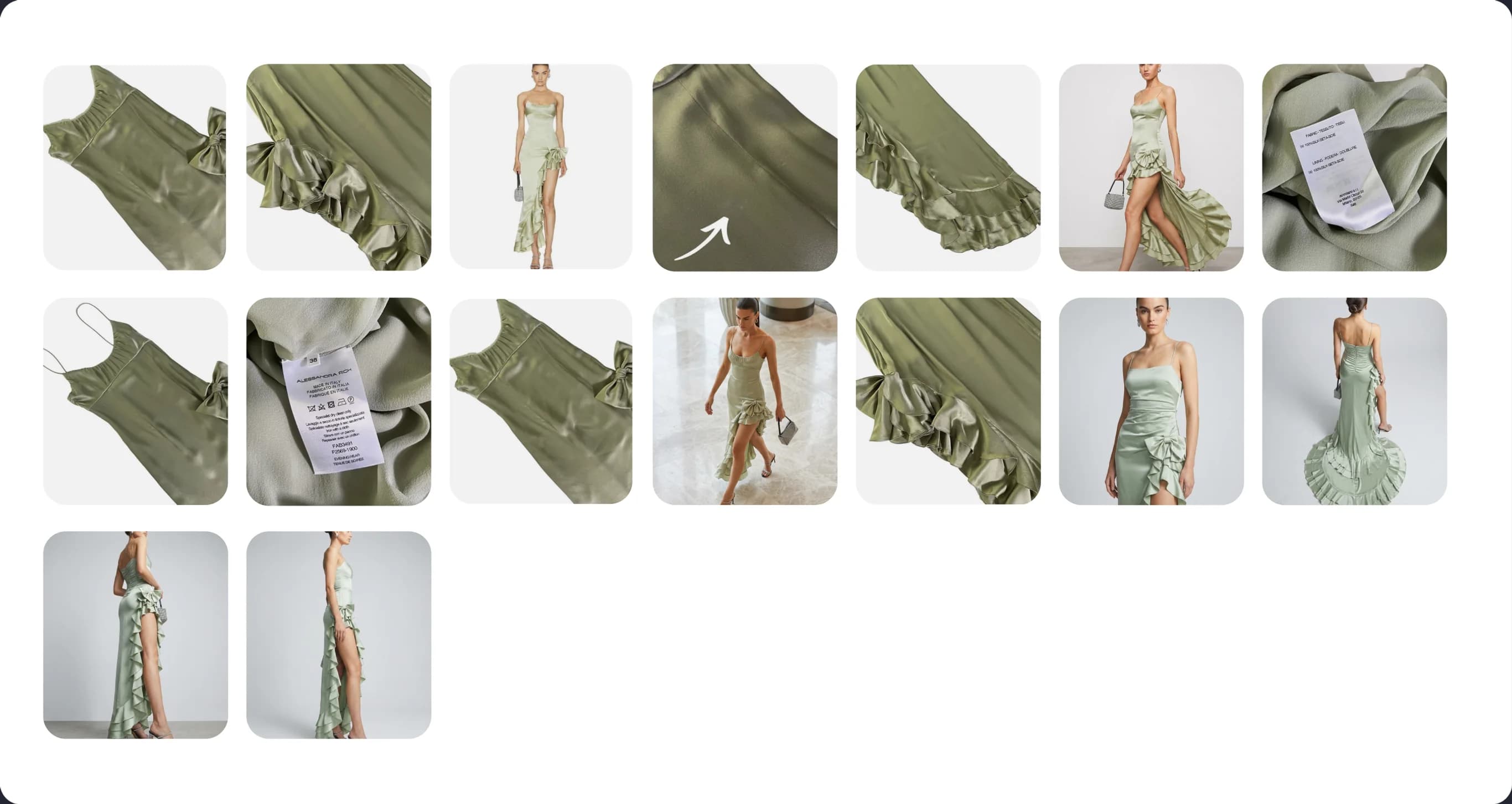 Grid of Alessandra Rich dress photos before SKU generation and listing in Thriftify