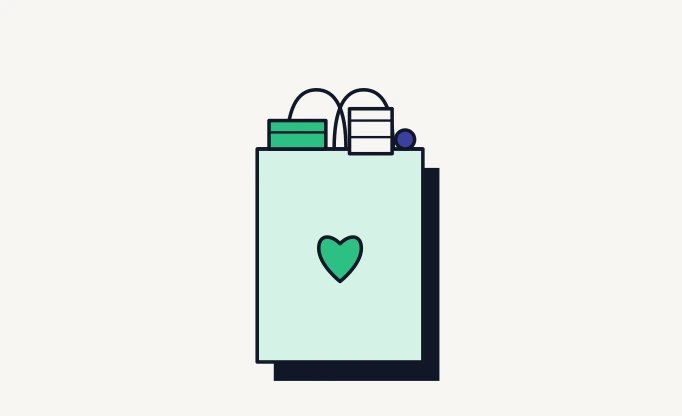 Illustration of a shopping bag with a heart, filled with donated goods