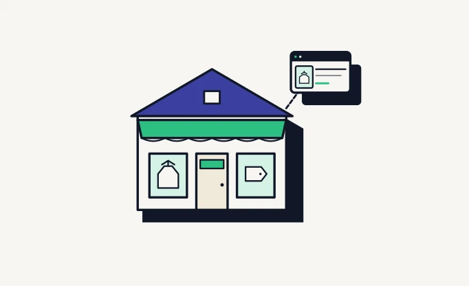 Illustration of a consignment storefront connected to an online listing