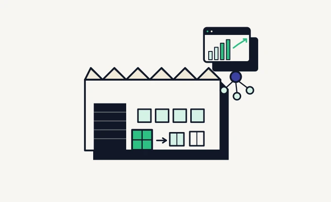 Illustration of a warehouse connected to an API analytics dashboard